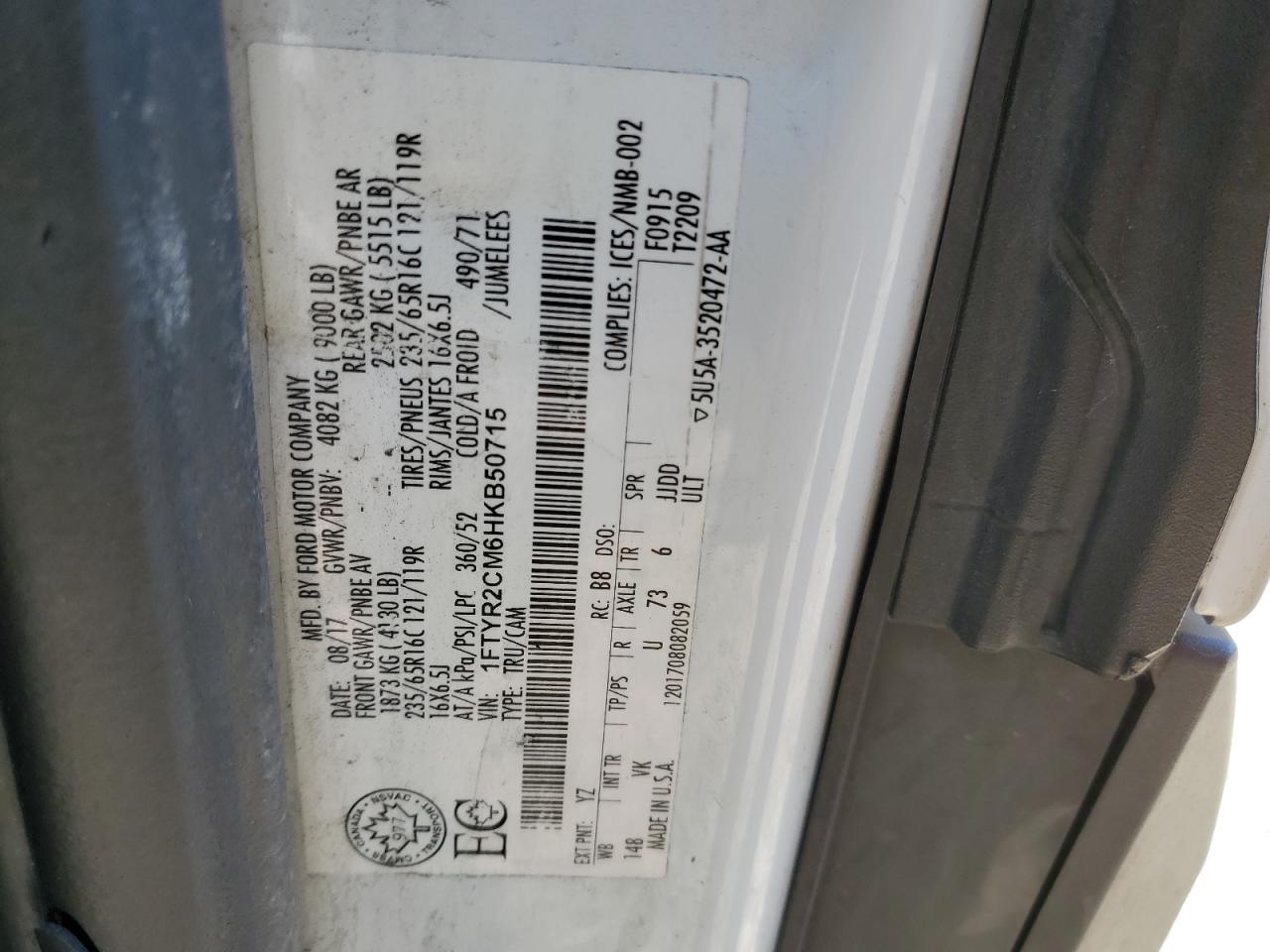 2017 Ford Transit T-250 VIN: 1FTYR2CM6HKB50715 Lot: 85097705