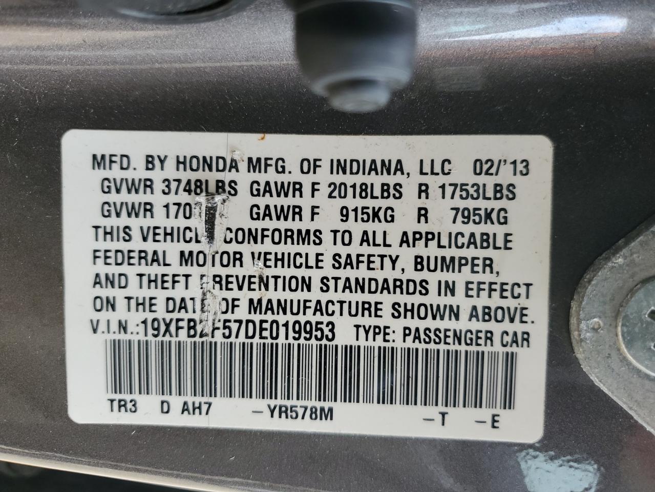2013 Honda Civic Lx VIN: 19XFB2F57DE019953 Lot: 86254435