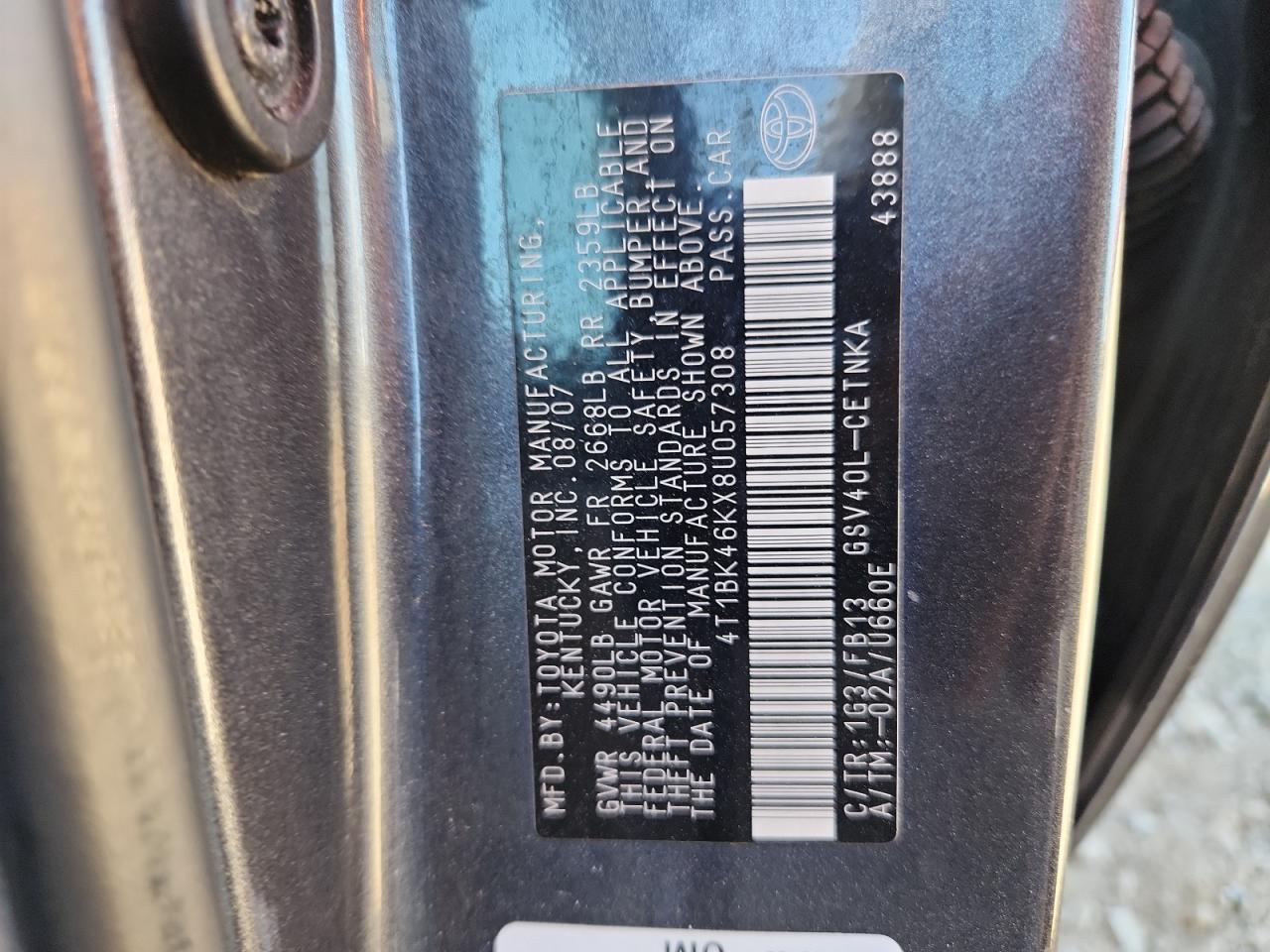 2008 Toyota Camry Le VIN: 4T1BK46KX8U057308 Lot: 81860645