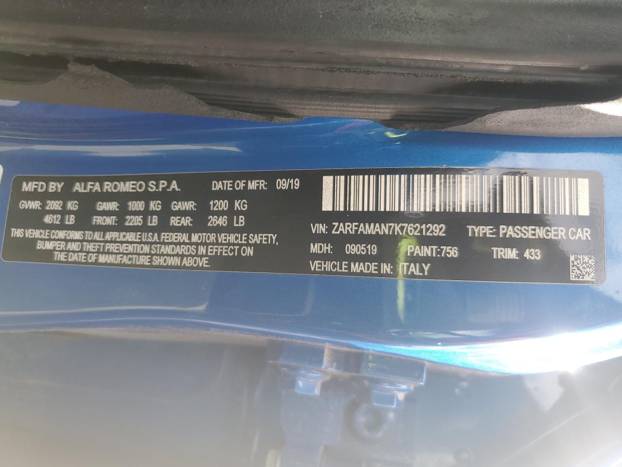 2019 Alfa Romeo Giulia VIN: ZARFAMAN7K7621292 Lot: 86278875