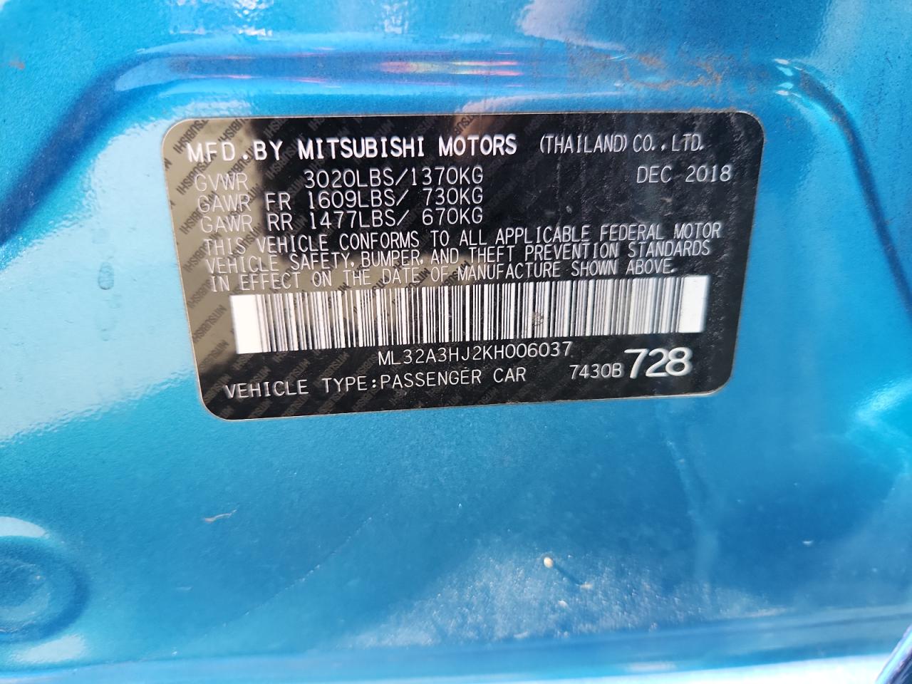 2019 Mitsubishi Mirage Es VIN: ML32A3HJ2KH006037 Lot: 85164225