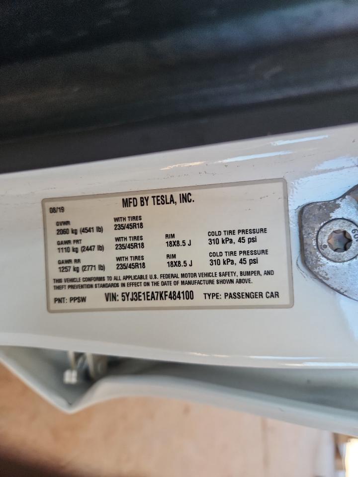 2019 Tesla Model 3 VIN: 5YJ3E1EA7KF484100 Lot: 86896355