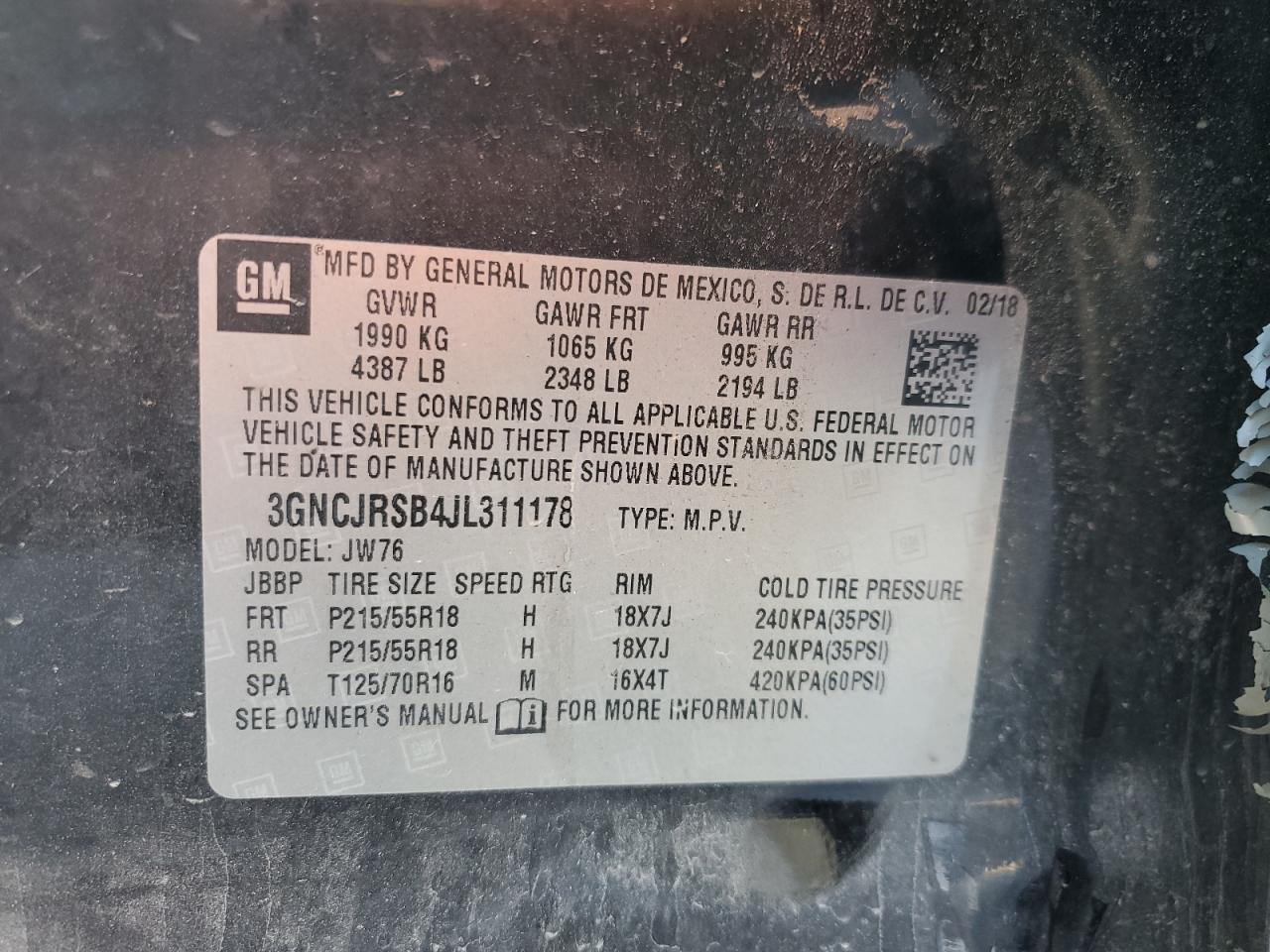 2018 Chevrolet Trax Premier VIN: 3GNCJRSB4JL311178 Lot: 86452155