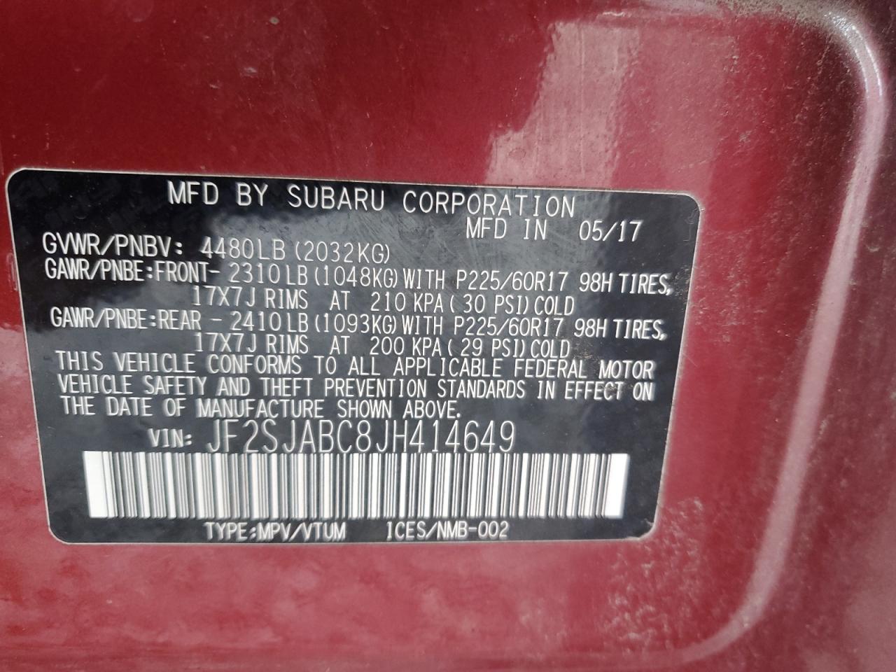 2018 Subaru Forester 2.5I VIN: JF2SJABC8JH414649 Lot: 84624545