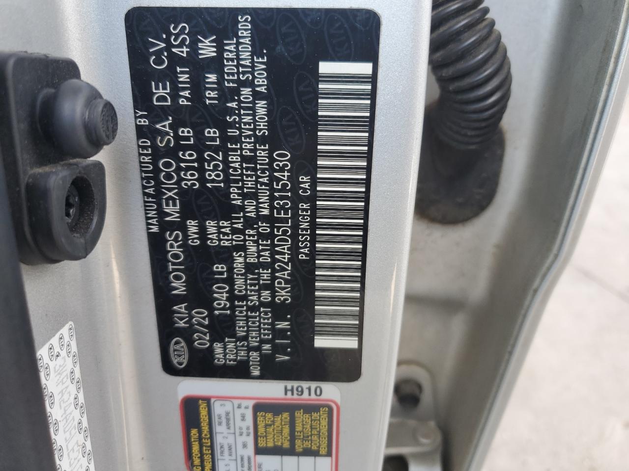 2020 Kia Rio Lx VIN: 3KPA24AD5LE315430 Lot: 82539785