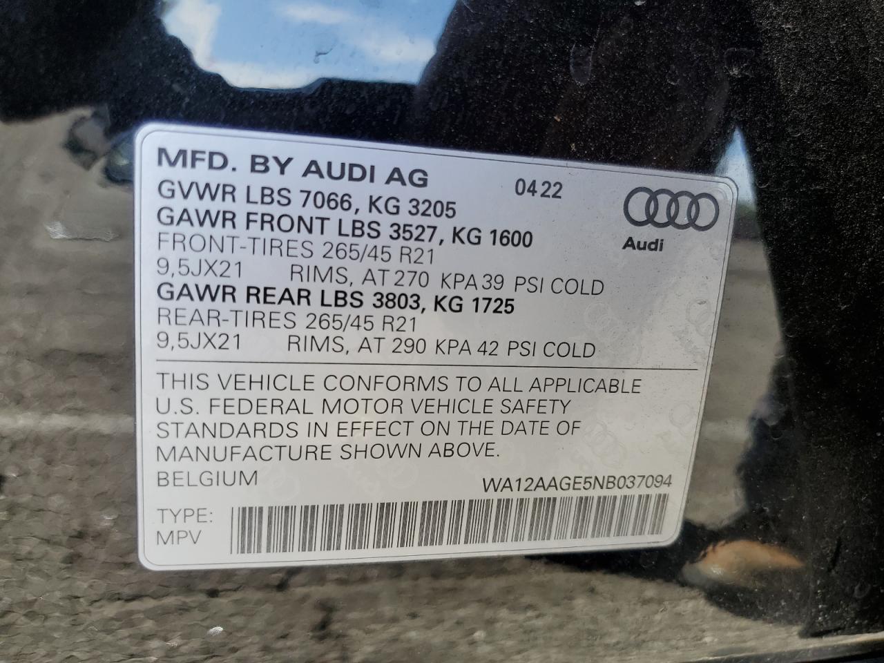 2022 Audi E-Tron Sportback Premium Plus VIN: WA12AAGE5NB037094 Lot: 91085535