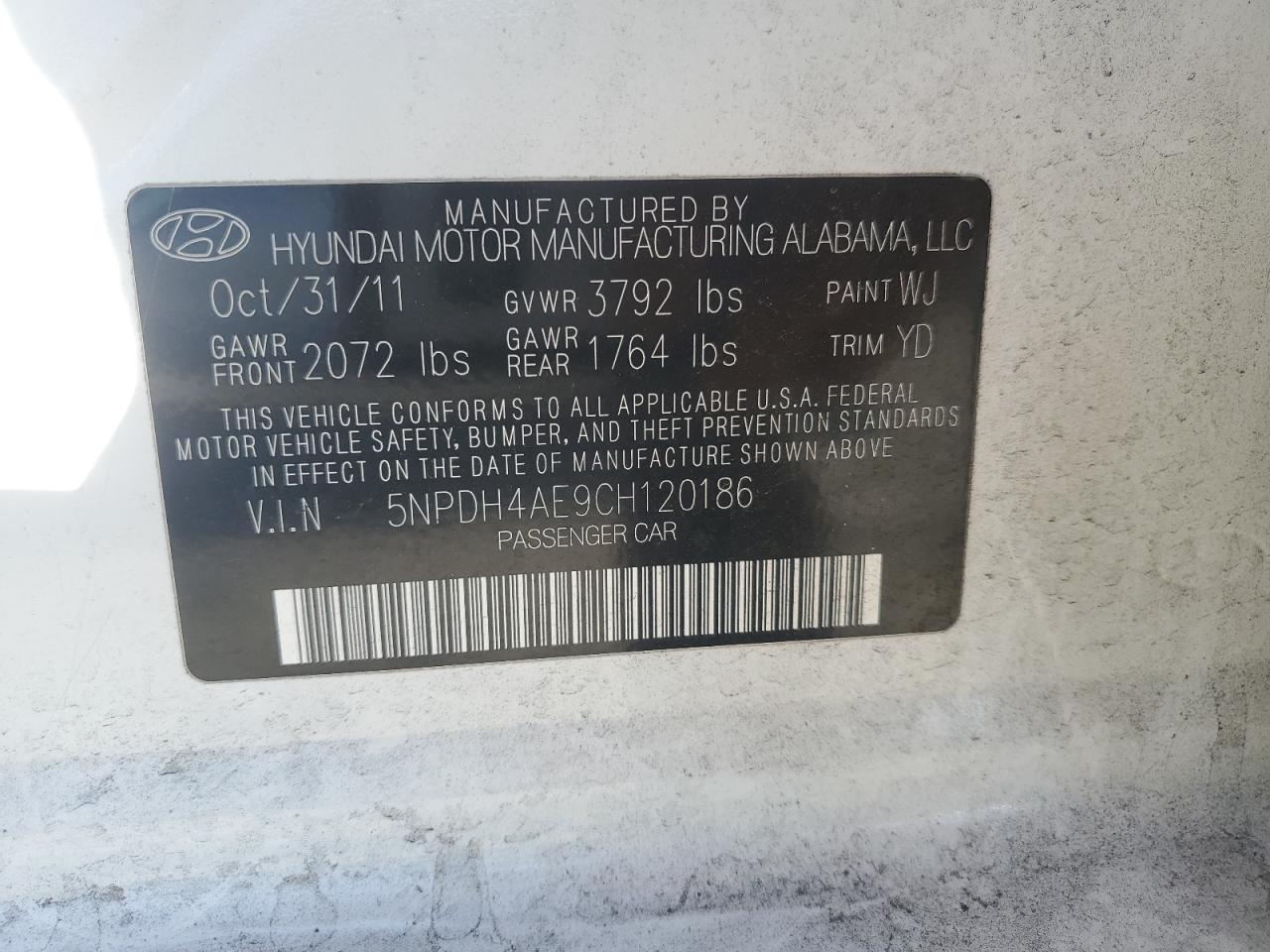 2012 Hyundai Elantra Gls VIN: 5NPDH4AE9CH120186 Lot: 85593375