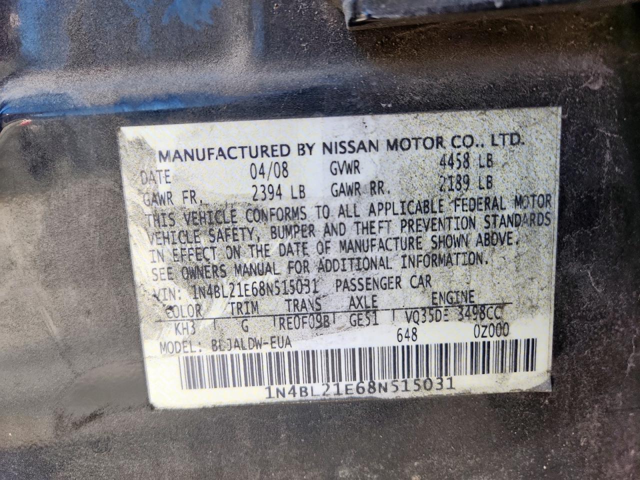 2008 Nissan Altima 3.5Se VIN: 1N4BL21E68N515031 Lot: 82412865