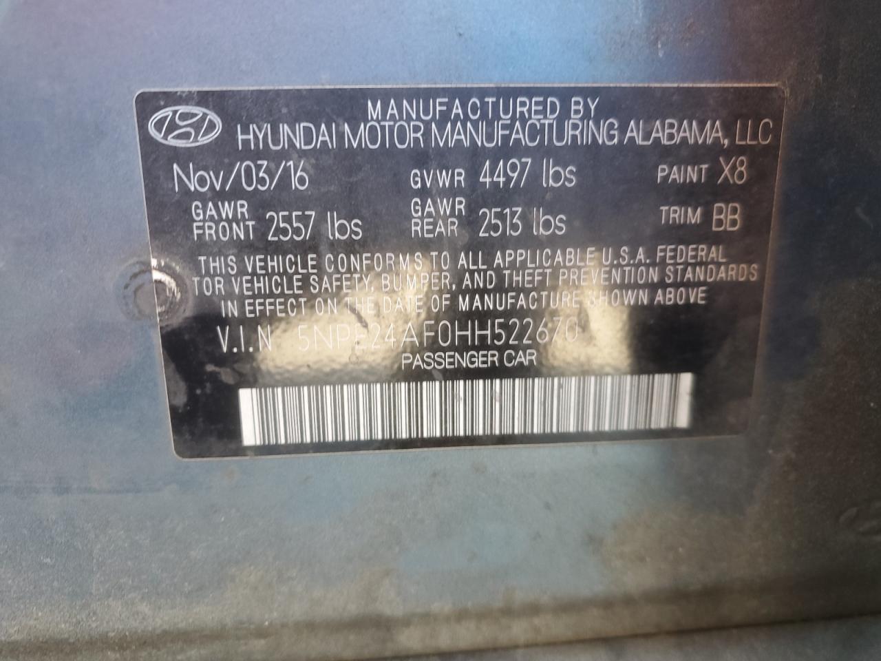 2017 Hyundai Sonata Se VIN: 5NPE24AF0HH522670 Lot: 85712395