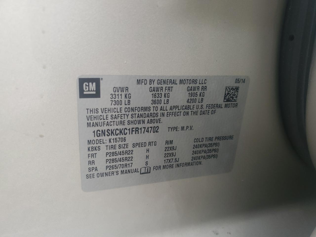 2015 Chevrolet Tahoe K1500 Ltz VIN: 1GNSKCKC1FR174702 Lot: 81896045