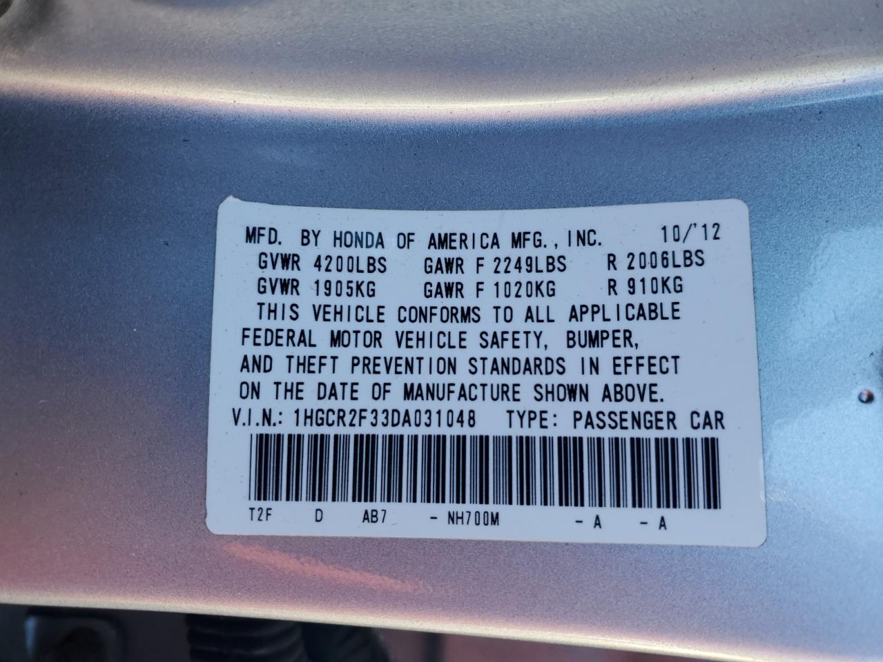 2013 Honda Accord Lx VIN: 1HGCR2F33DA031048 Lot: 86304215