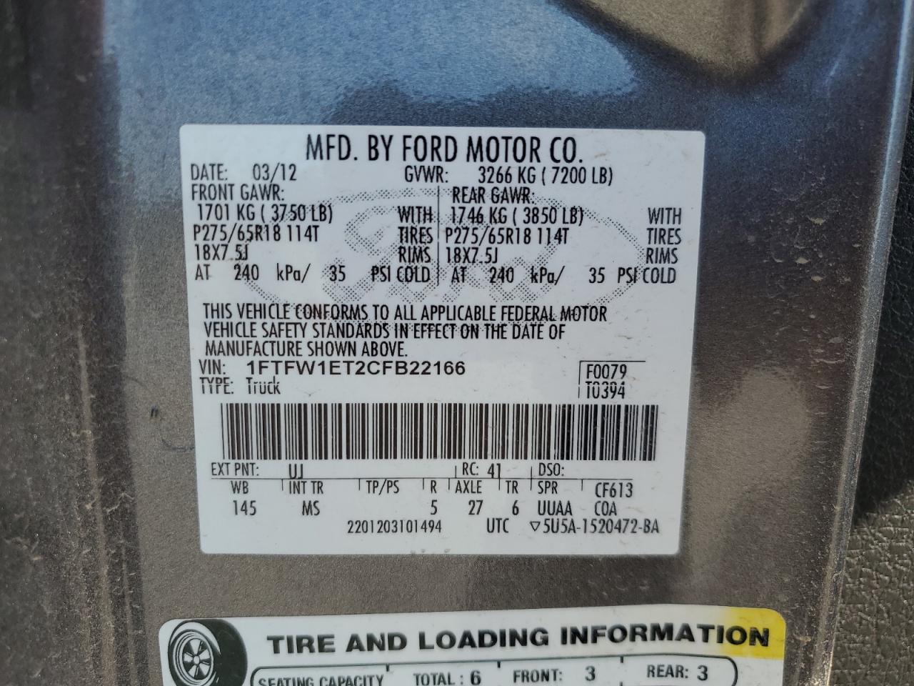2012 Ford F150 Supercrew VIN: 1FTFW1ET2CFB22166 Lot: 86175555