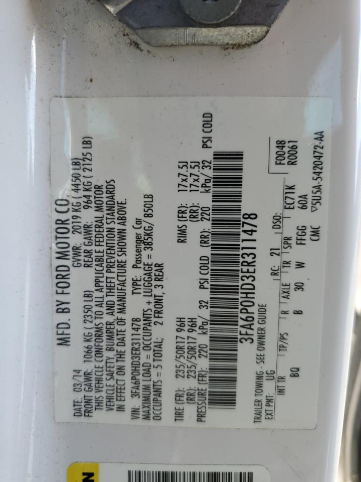 2014 Ford Fusion Se VIN: 3FA6P0HD3ER311478 Lot: 82006505