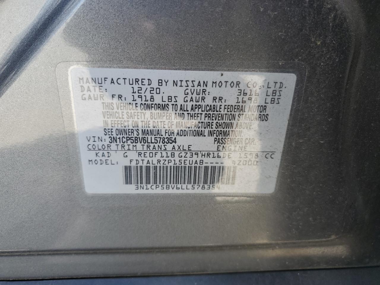 2020 Nissan Kicks S VIN: 3N1CP5BV6LL578354 Lot: 85129605