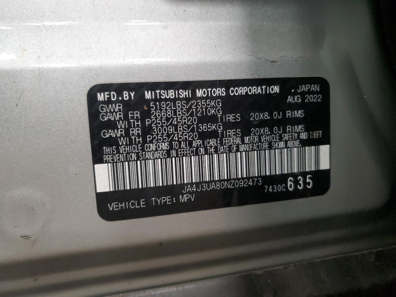 2022 Mitsubishi Outlander Se VIN: JA4J3UA80NZ092473 Lot: 82477505