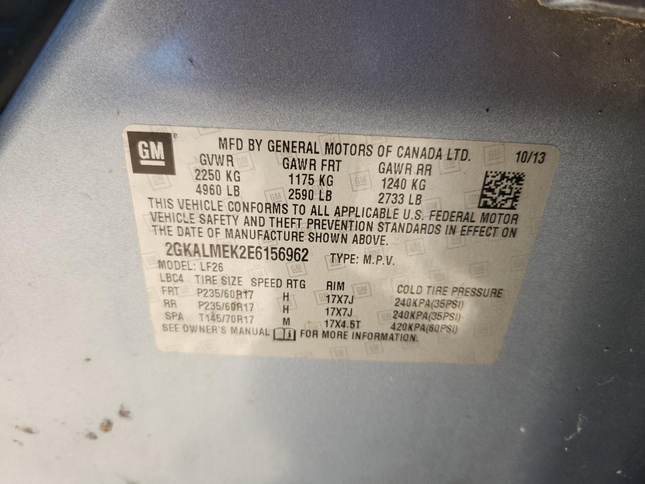 2014 GMC Terrain Sle VIN: 2GKALMEK2E6156962 Lot: 85872365