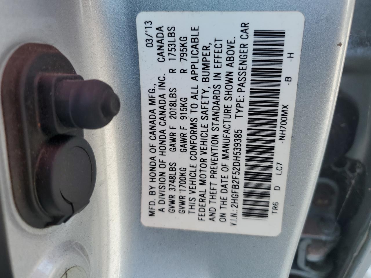 2013 Honda Civic Lx VIN: 2HGFB2F52DH539385 Lot: 82623075