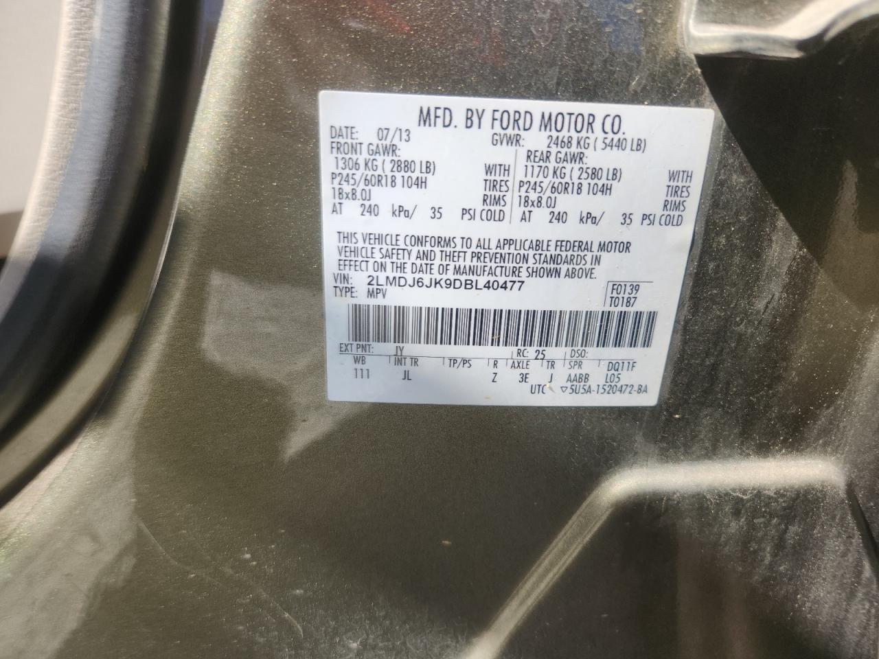 2013 Lincoln Mkx VIN: 2LMDJ6JK9DBL40477 Lot: 87120205