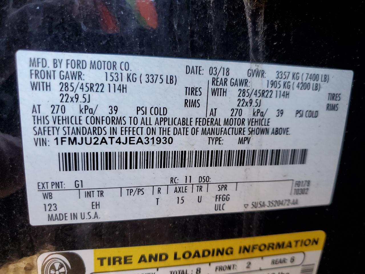 2018 Ford Expedition Limited VIN: 1FMJU2AT4JEA31930 Lot: 87205555