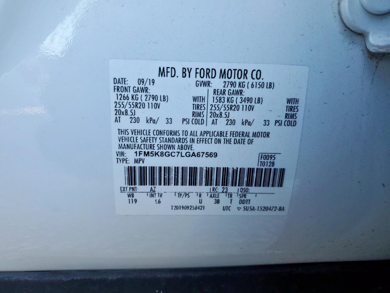 2020 Ford Explorer St VIN: 1FM5K8GC7LGA67569 Lot: 90654535