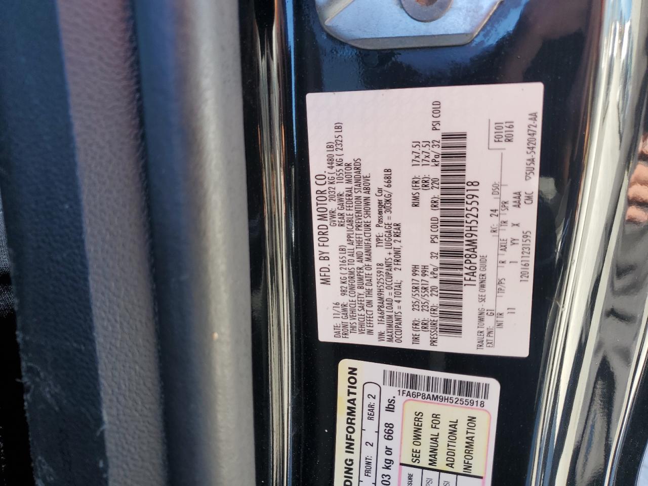 2017 Ford Mustang VIN: 1FA6P8AM9H5255918 Lot: 85943755