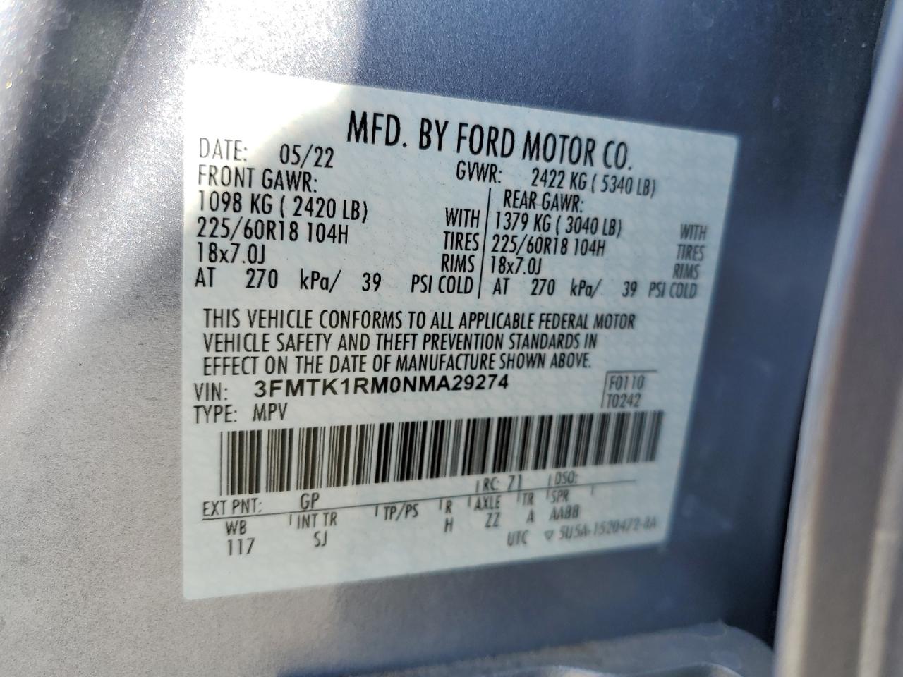 2022 Ford Mustang Mach-E Select VIN: 3FMTK1RM0NMA29274 Lot: 85201575