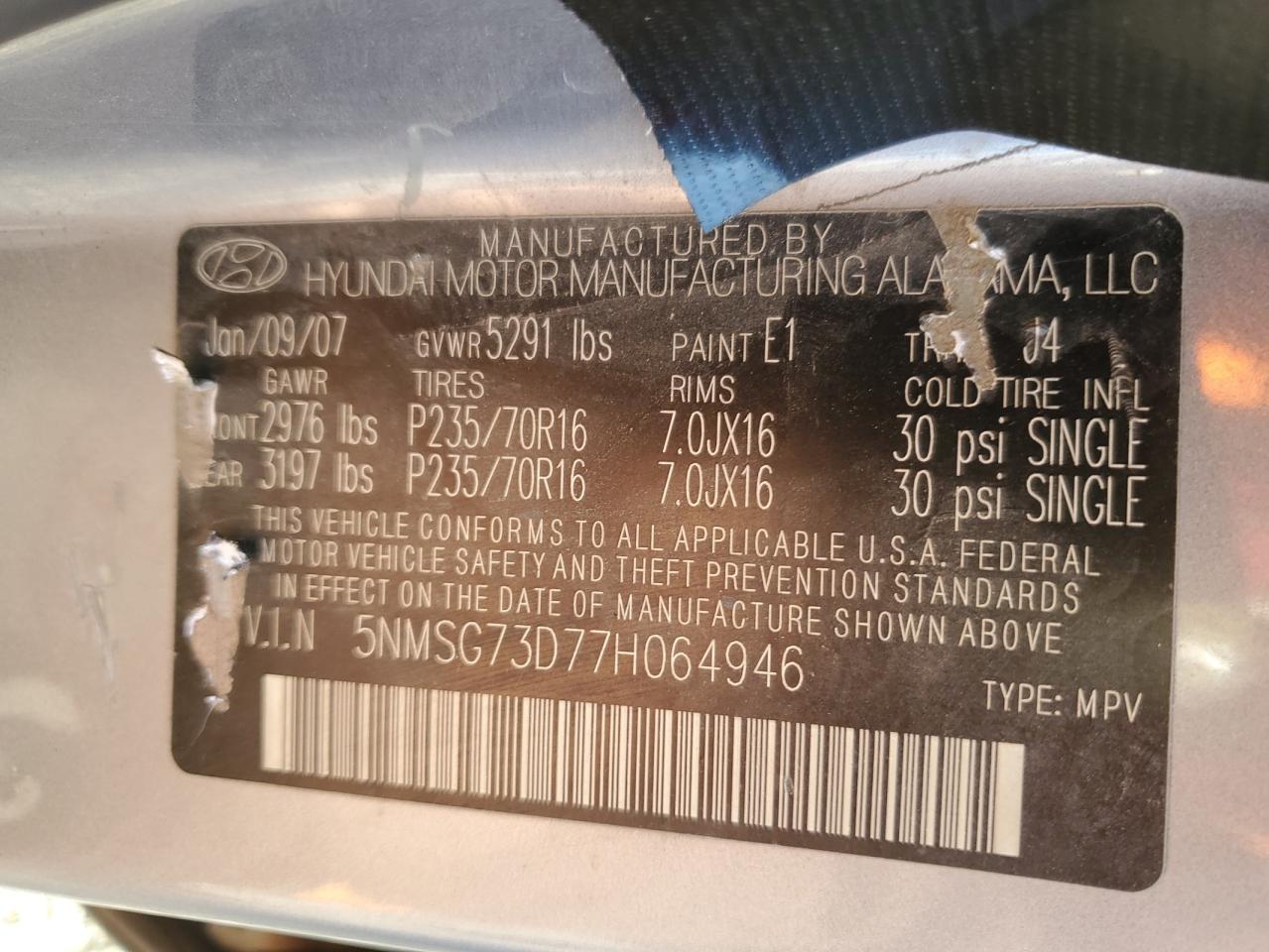 2007 Hyundai Santa Fe Gls VIN: 5NMSG73D77H064946 Lot: 85869645