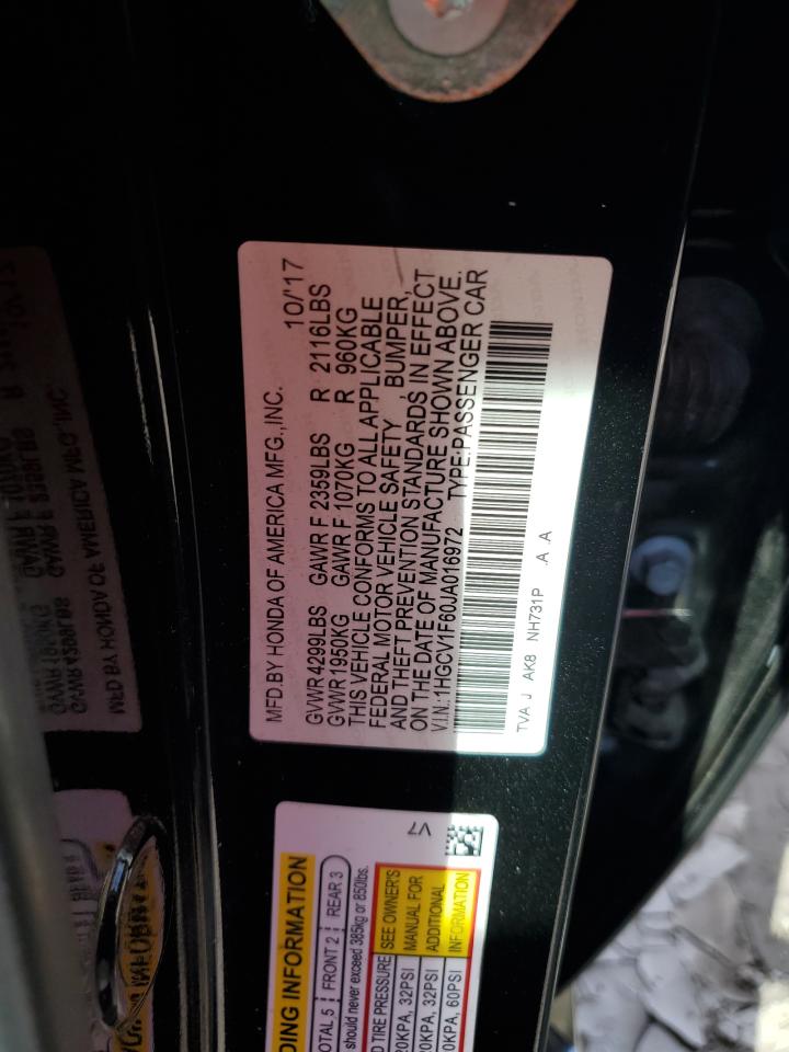 2018 Honda Accord Exl VIN: 1HGCV1F60JA016972 Lot: 81918565