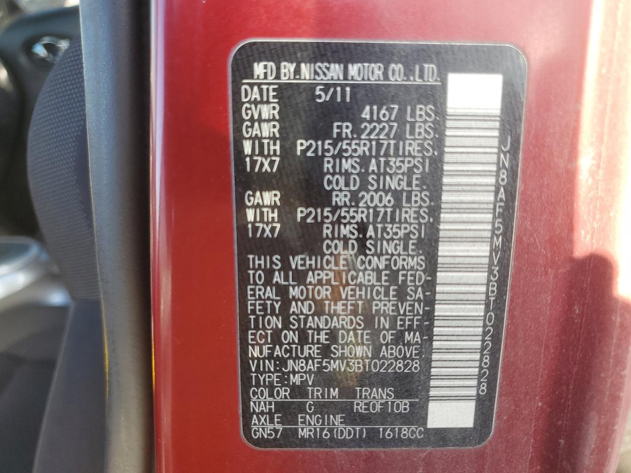 2011 Nissan Juke S VIN: JN8AF5MV3BT022828 Lot: 86106895