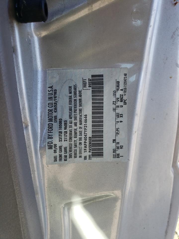 2000 Ford Mustang VIN: 1FAFP4047YF314646 Lot: 85551775