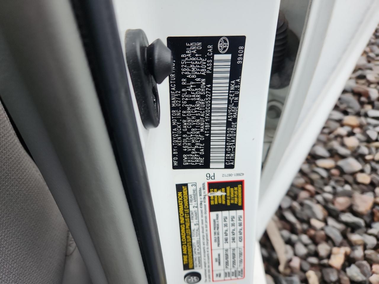 2012 Toyota Camry Base VIN: 4T1BF1FK0CU552774 Lot: 86138915