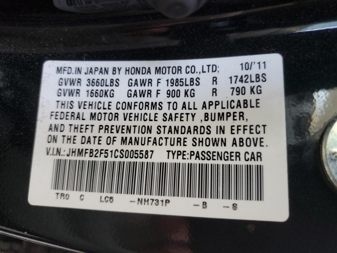 2012 Honda Civic Lx VIN: JHMFB2F51CS005587 Lot: 83834045