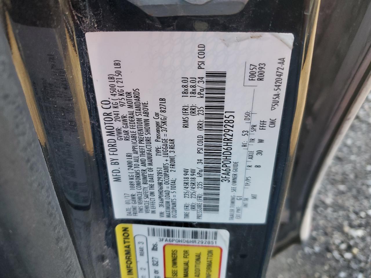 2017 Ford Fusion Se VIN: 3FA6P0HD6HR292851 Lot: 85334805