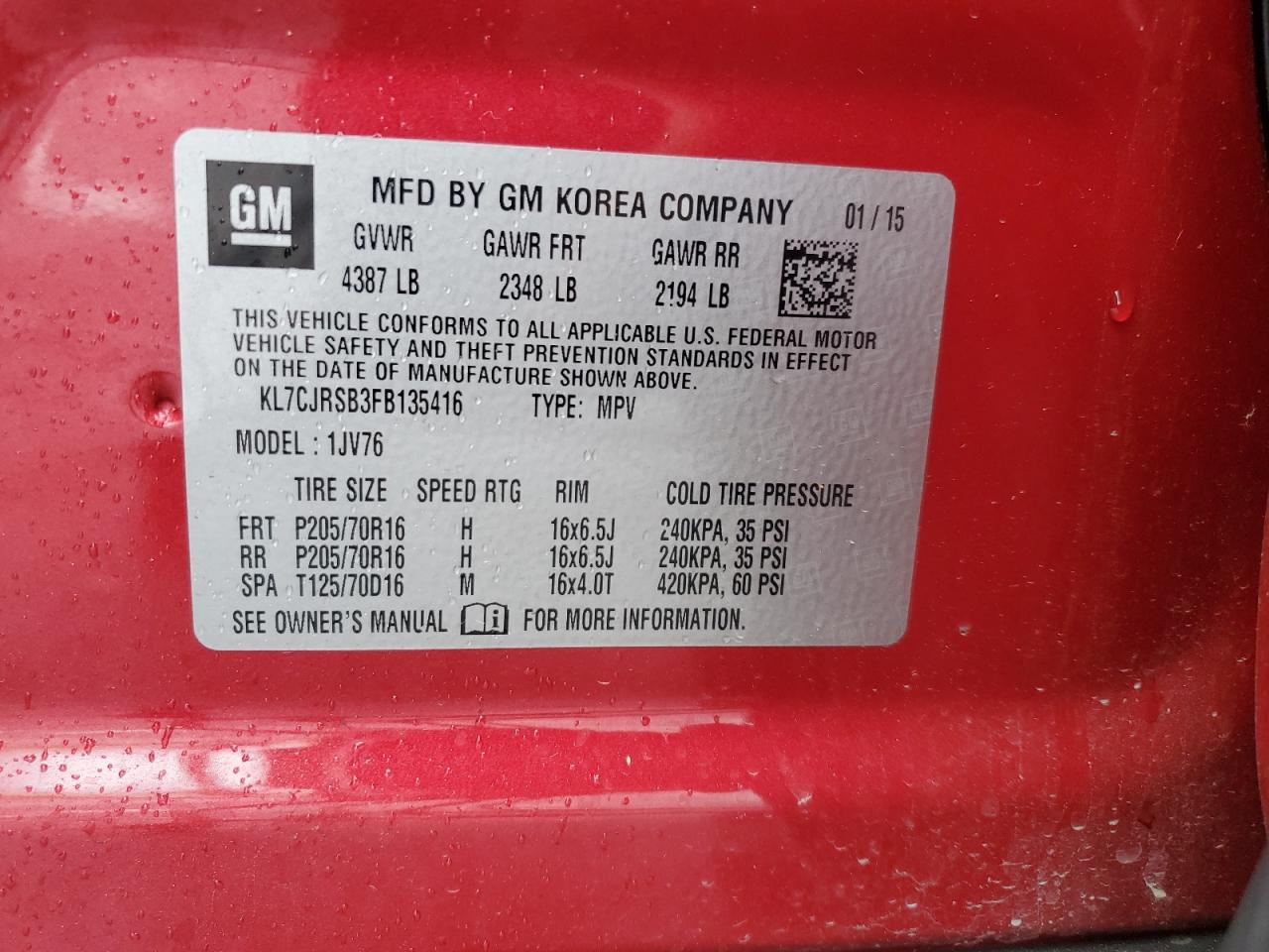 2015 Chevrolet Trax 1Lt VIN: KL7CJRSB3FB135416 Lot: 85198775