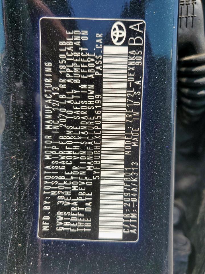 2014 Toyota Corolla L VIN: 5YFBURHEXEP056199 Lot: 84888525