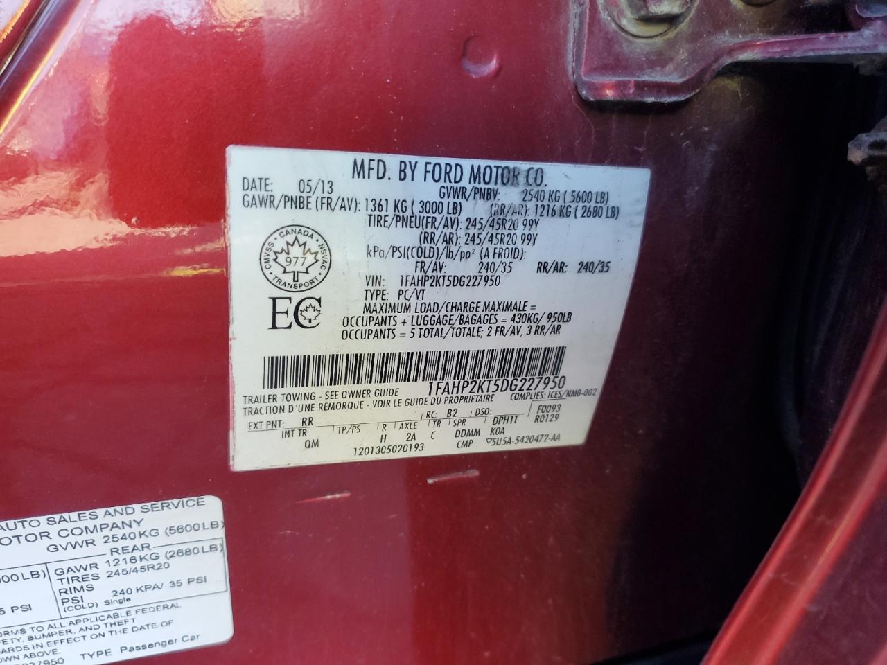 2013 Ford Taurus Sho VIN: 1FAHP2KT5DG227950 Lot: 89880855