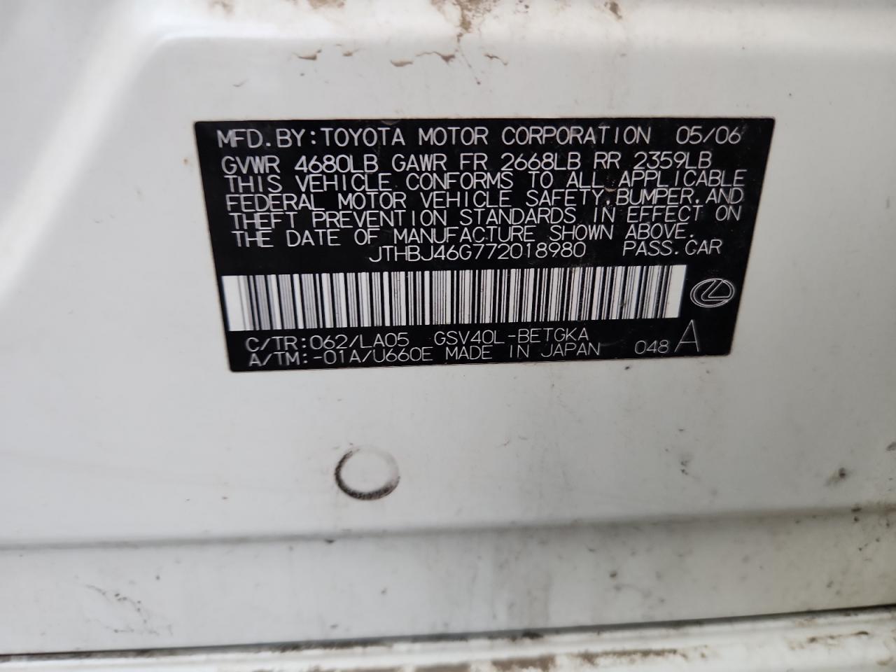 2007 Lexus Es 350 VIN: JTHBJ46G772018980 Lot: 85929825