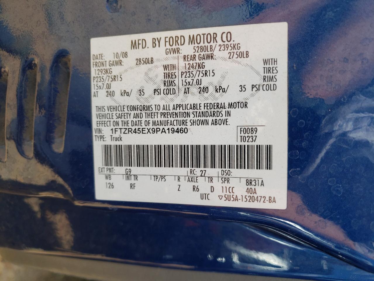 2009 Ford Ranger Super Cab VIN: 1FTZR45EX9PA19460 Lot: 82007595