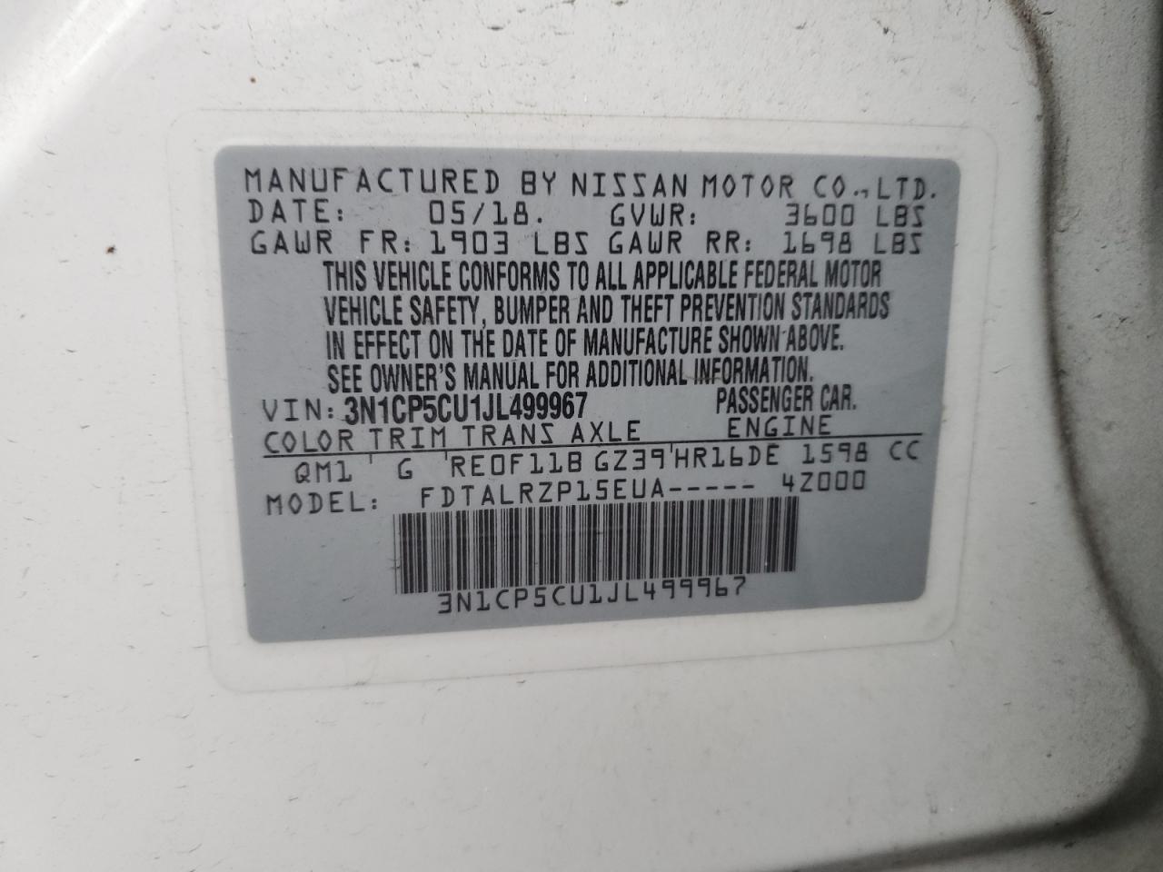 2018 Nissan Kicks S VIN: 3N1CP5CU1JL499967 Lot: 82002565