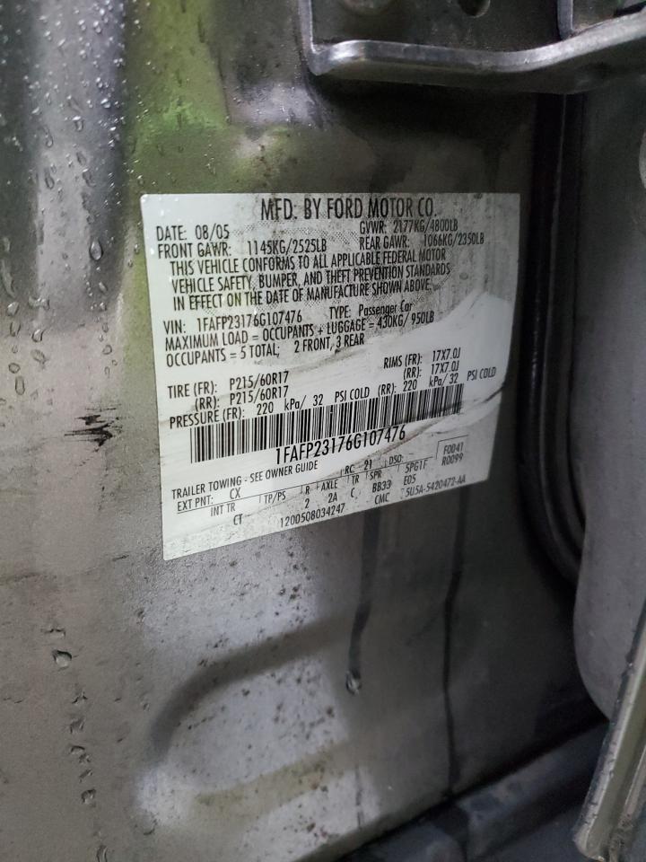 2006 Ford Five Hundred Se VIN: 1FAFP23176G107476 Lot: 90038435