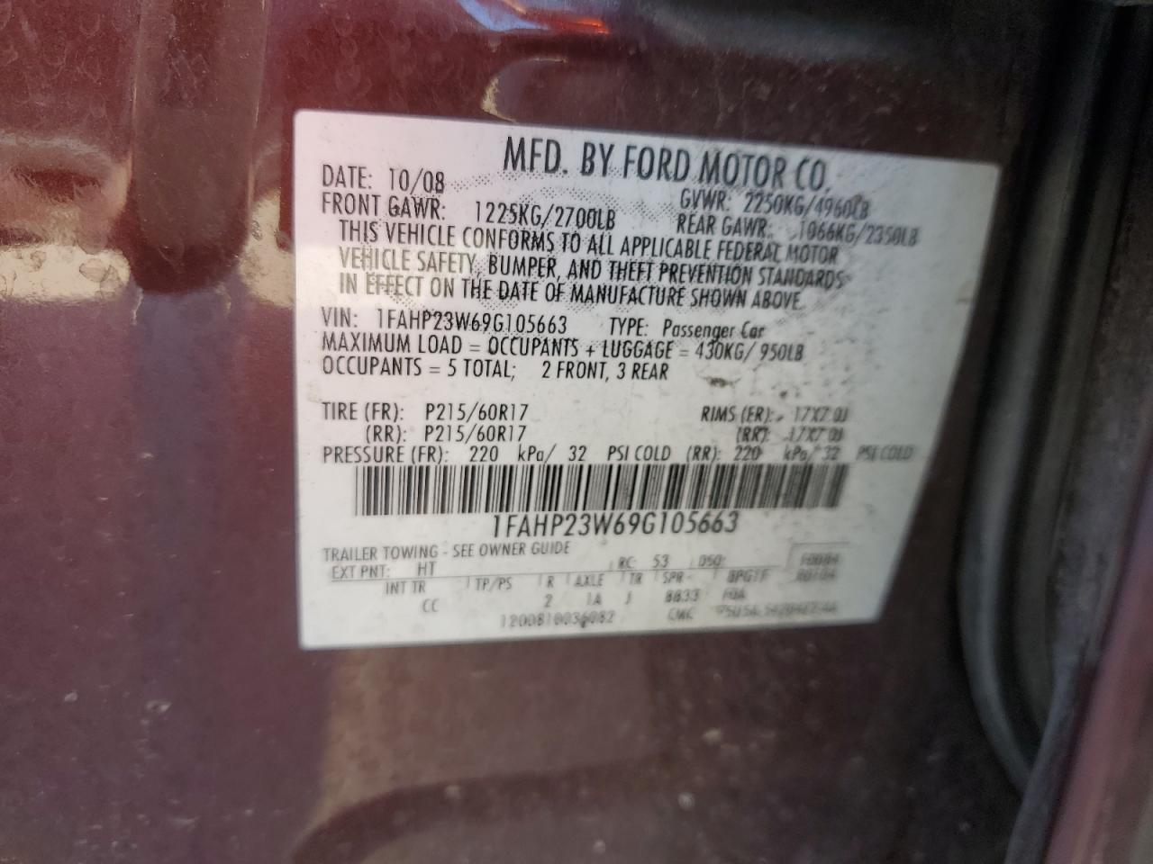 2009 Ford Taurus Se VIN: 1FAHP23W69G105663 Lot: 87094655
