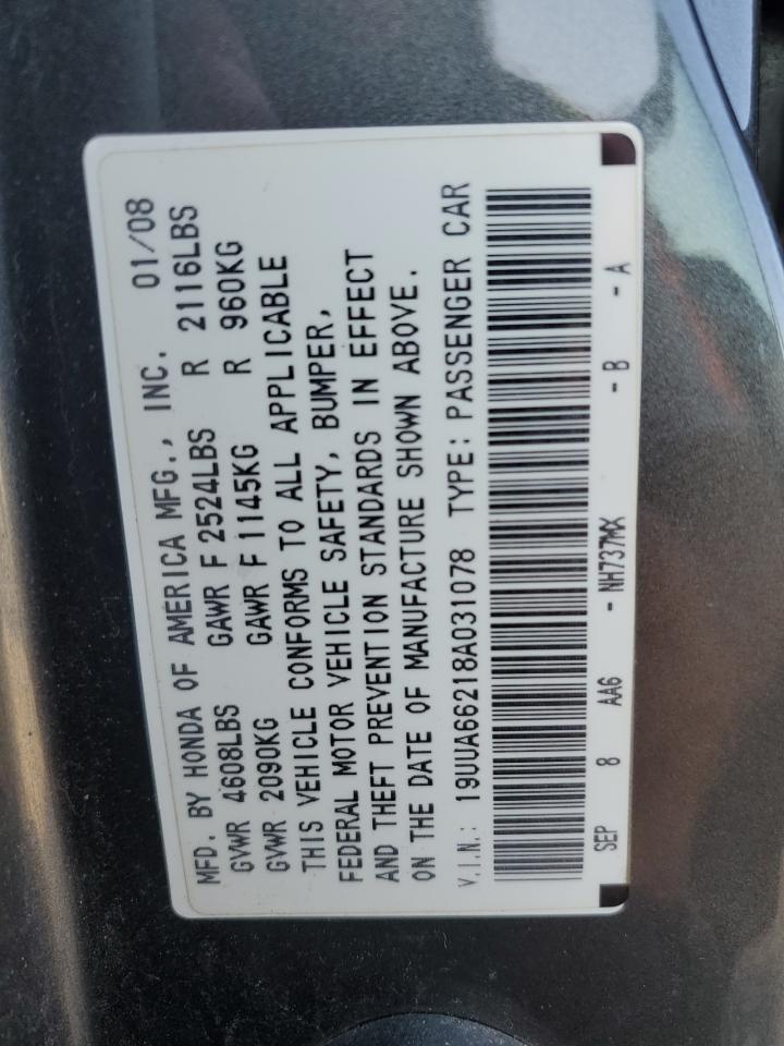 2008 Acura Tl VIN: 19UUA66218A031078 Lot: 82053575