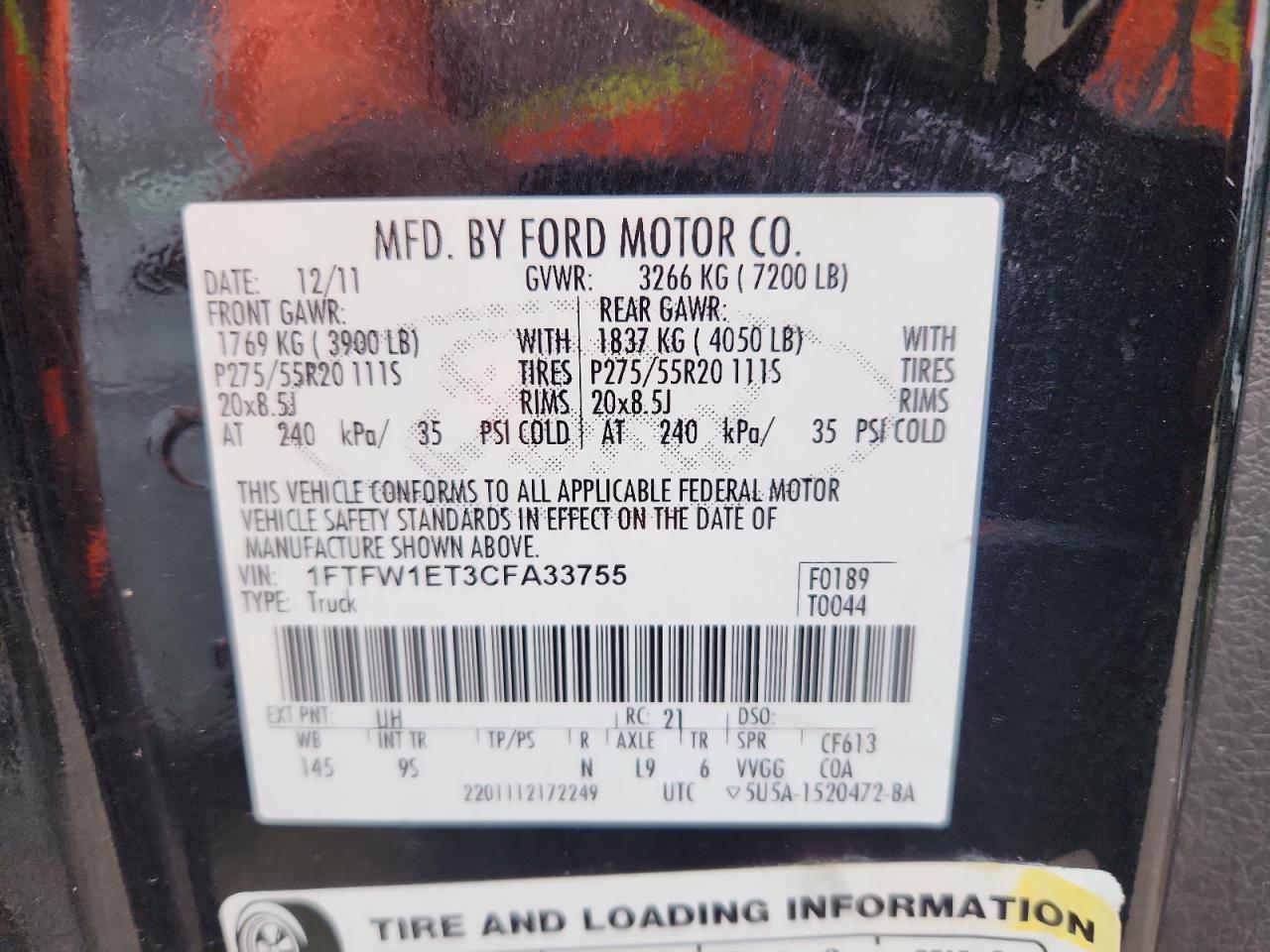 2012 Ford F150 Supercrew VIN: 1FTFW1ET3CFA33755 Lot: 80923955