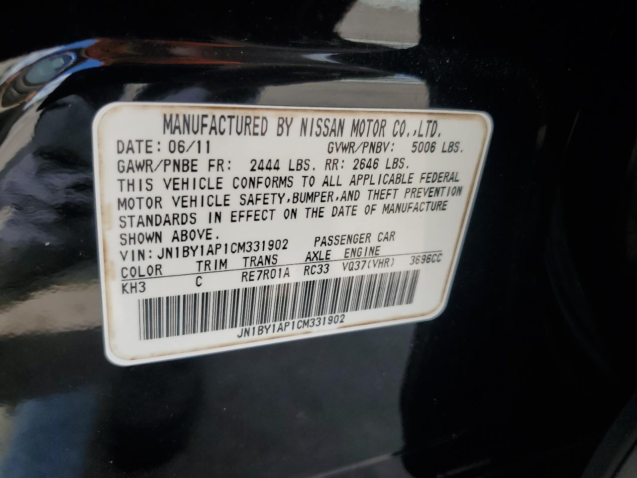 2012 Infiniti M37 VIN: JN1BY1AP1CM331902 Lot: 82359505