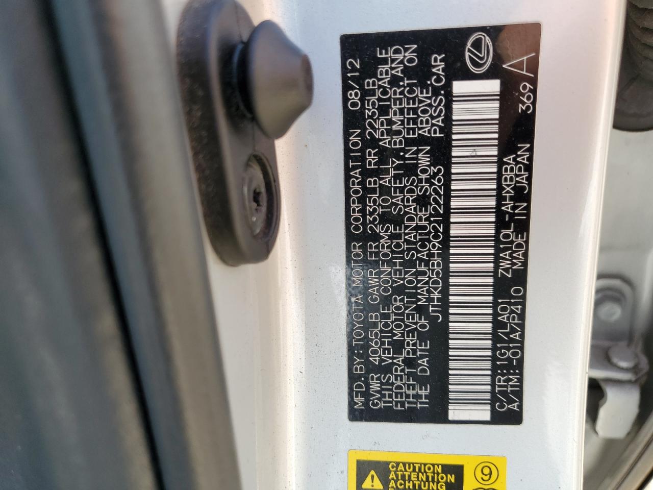 2012 Lexus Ct 200 VIN: JTHKD5BH9C2122263 Lot: 84623715