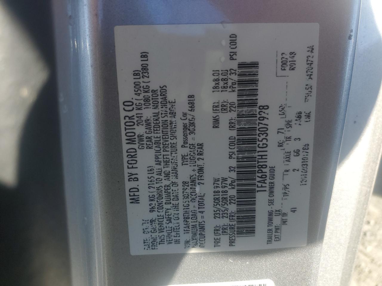 2016 Ford Mustang VIN: 1FA6P8TH1G5307928 Lot: 86066065