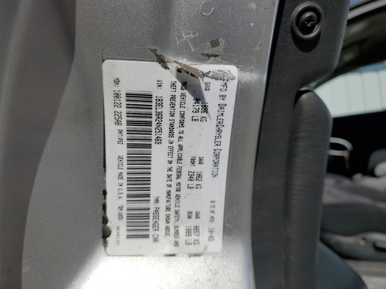 2004 Dodge Stratus Se VIN: 1B3EL36R24N251469 Lot: 82309185