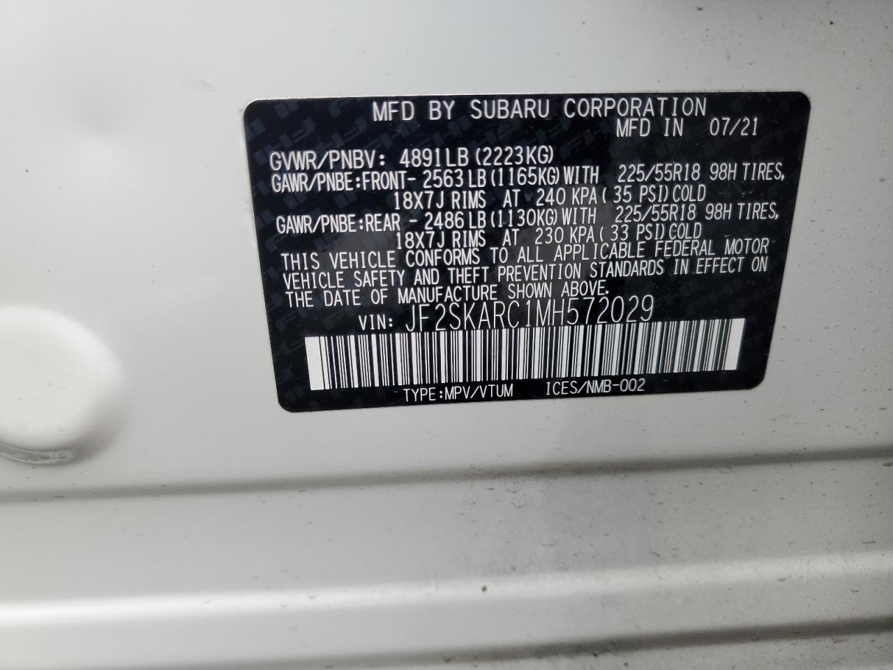 2021 Subaru Forester Sport VIN: JF2SKARC1MH572029 Lot: 82453335