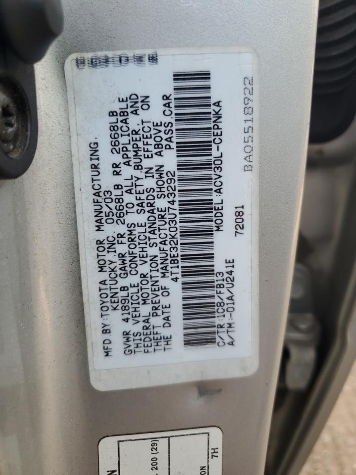 2003 Toyota Camry Le VIN: 4T1BE32K03U743292 Lot: 85477115