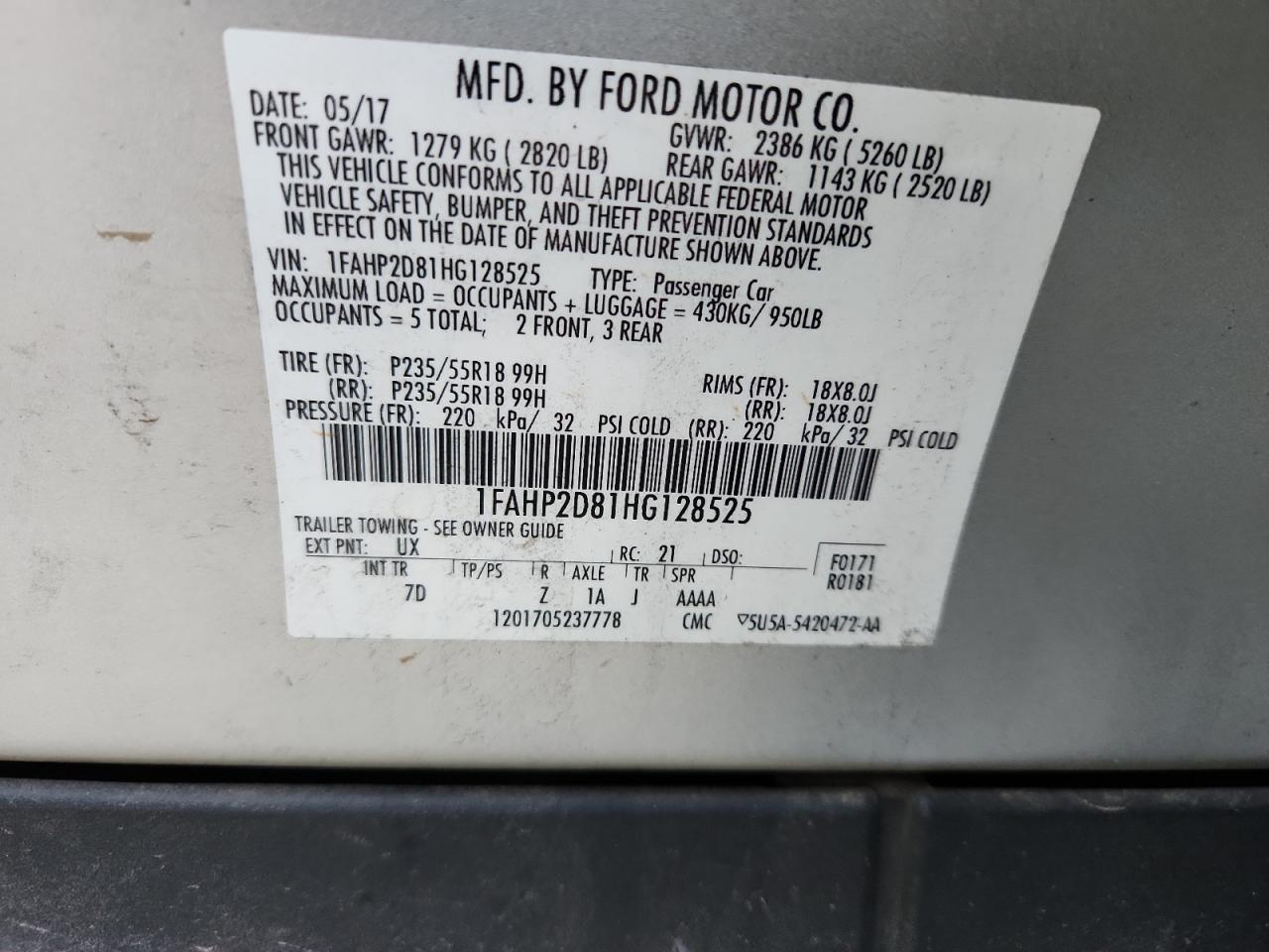 2017 Ford Taurus Se VIN: 1FAHP2D81HG128525 Lot: 85408425